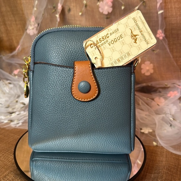 NWT Vegan Blue/English Tan Mini Faux Leather Crossbody. So soft. - Picture 2 of 6